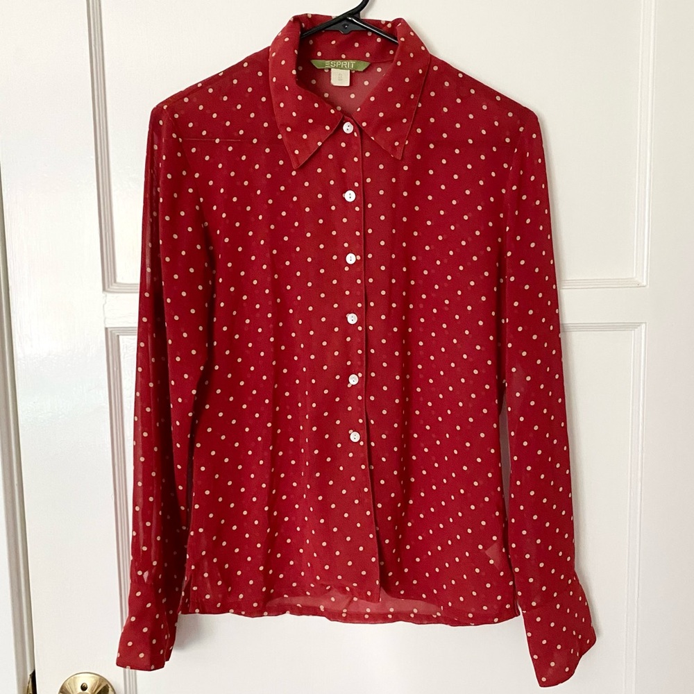 Esprit Red and White Polka Dot Blouse Button Down